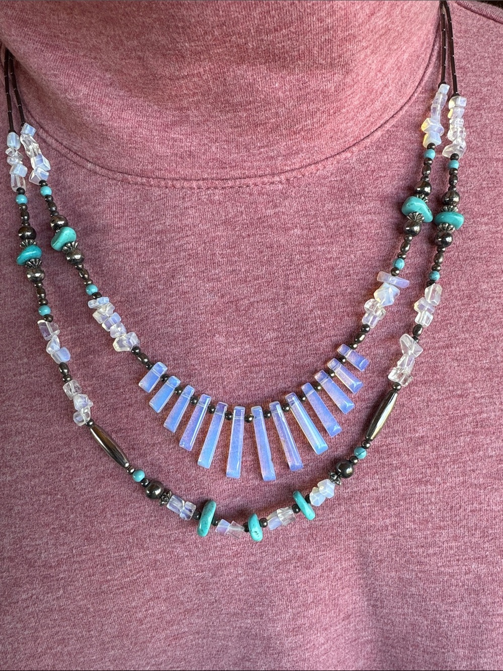 Hand Crafted Blue-Opal and Turquoise Layered Necklace